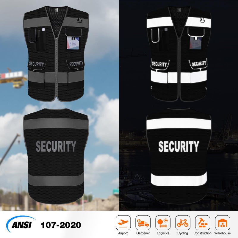TCCFCCT Mesh Security Vest for Men Women 9 Pockets High Visibility Reflective Safety Vest, Hi Vis Vest with Reinforced Sewing, Durable to Use, Meets ANSI/ISEA, (G100S-Black, 3XL) - Image 2